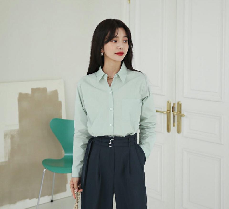 ワンポケットシャツ・全5色・t64874 レディース 【bl】【韓国 ファッション トップス シャツ ブラウス 長袖 ワンポケット オフィス オフィスカジュアル 上品 ベーシック フェミニン カジュアル デイリー カジュアル 秋 冬】