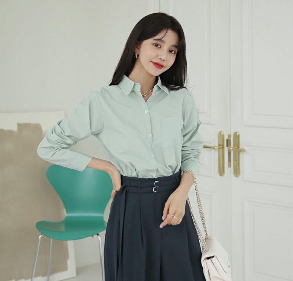 ワンポケットシャツ・全5色・t64874 レディース 【bl】【韓国 ファッション トップス シャツ ブラウス 長袖 ワンポケット オフィス オフィスカジュアル 上品 ベーシック フェミニン カジュアル デイリー カジュアル 秋 冬】