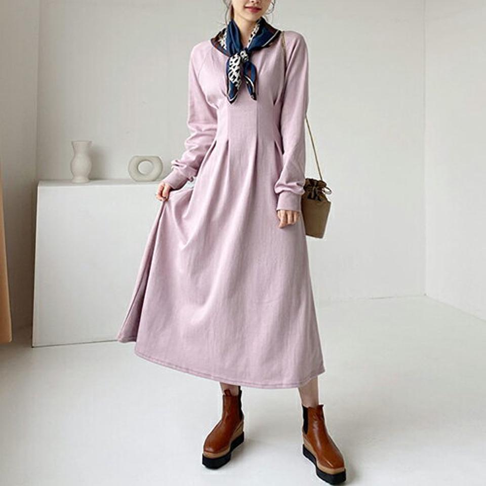 タックフレアワンピース・全4色・b66632 レディース 【ops】【ワンピース ロング ロングワンピース 長袖 フレア フレアワンピース タック 単色 無地 シンプル 大人 秋 冬 韓国 ファッション】【ハイホリHIHOLLI】