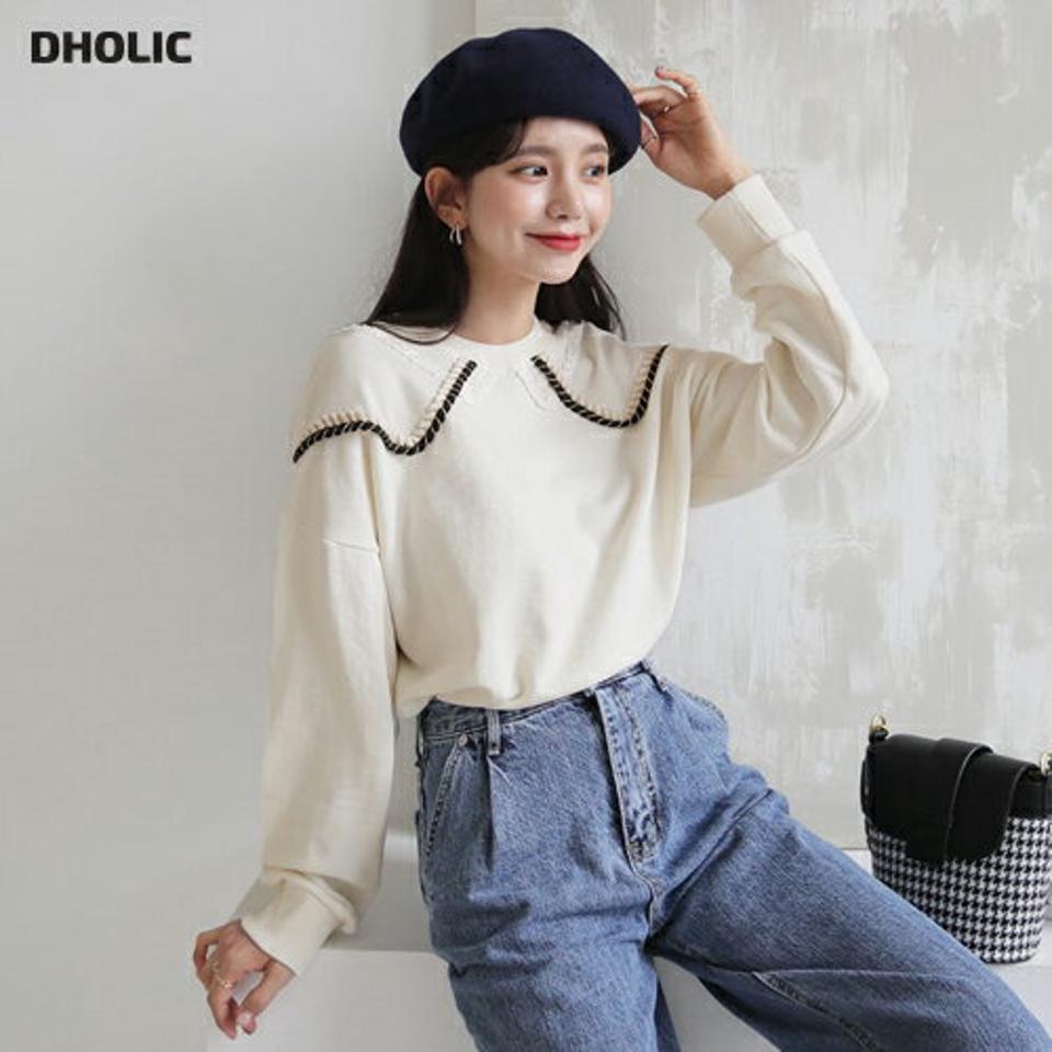 レースロープラインスウェット・全2色・t64869 レディース 【tops】【韓国 ファッション トップス スウェット Tシャツ カットソー 長袖 ラウンドネック レース 配色 無地 ルーズ ゆったり デイリー ベーシック カジュアル カジュアル 秋 冬】