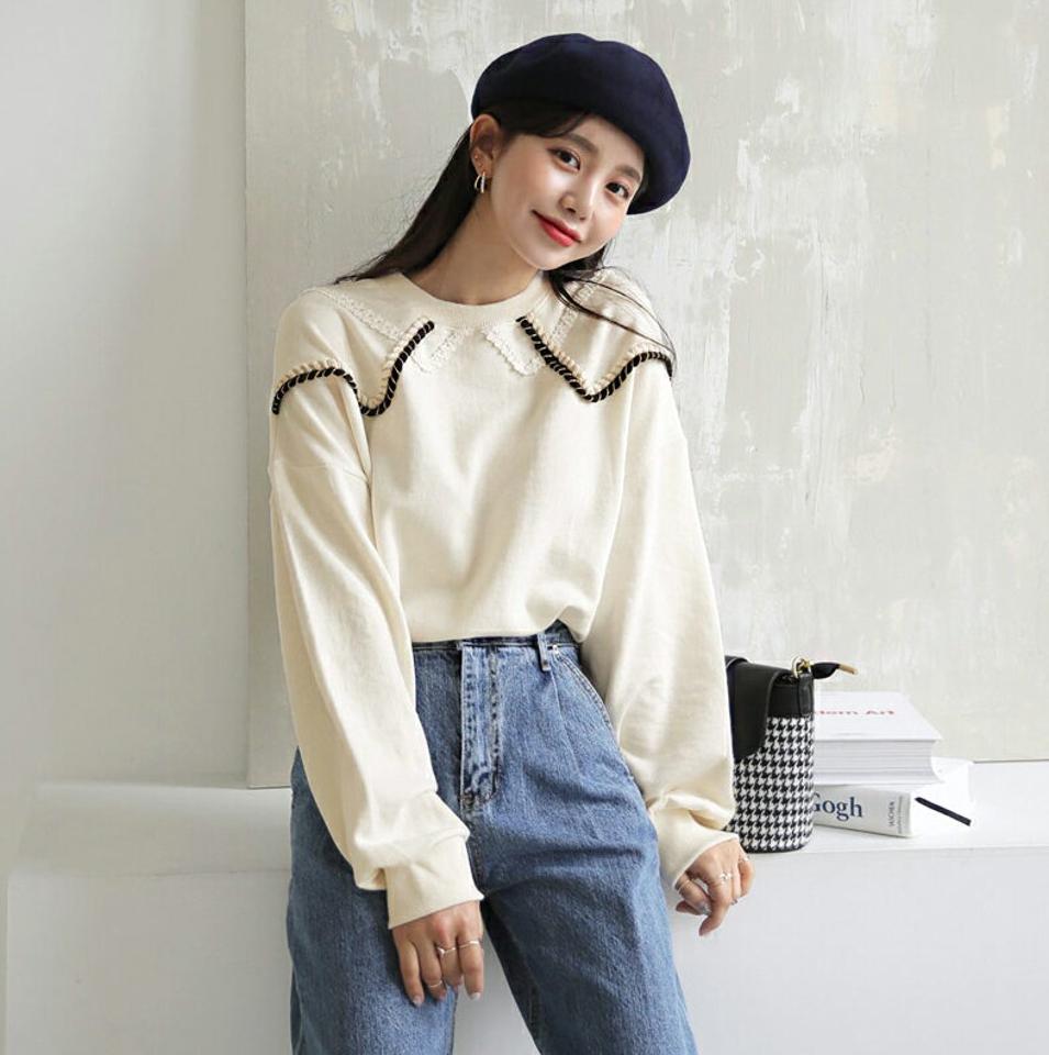 レースロープラインスウェット・全2色・t64869 レディース 【tops】【韓国 ファッション トップス スウェット Tシャツ カットソー 長袖 ラウンドネック レース 配色 無地 ルーズ ゆったり デイリー ベーシック カジュアル カジュアル 秋 冬】