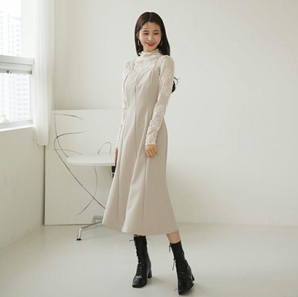 フレアキャミワンピース・全3色・t64881 レディース 【ops】【韓国 ファッション ワンピース ロング ロングワンピース Vネック キャミソール キャミ フレア 体型カバー フェミニン 上品 ベーシック シンプル カジュアル 秋 冬】