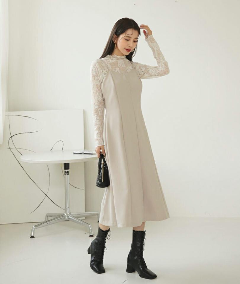 フレアキャミワンピース・全3色・t64881 レディース 【ops】【韓国 ファッション ワンピース ロング ロングワンピース Vネック キャミソール キャミ フレア 体型カバー フェミニン 上品 ベーシック シンプル カジュアル 秋 冬】