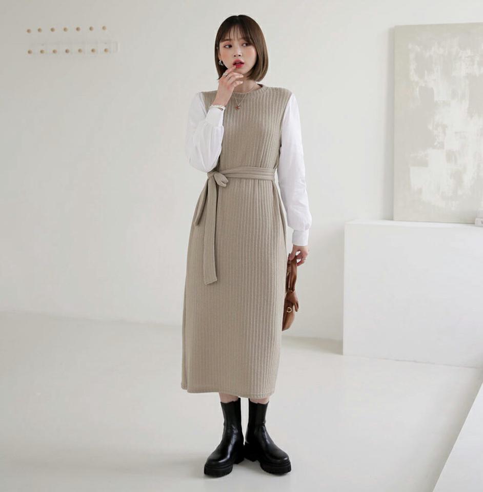 ストラップ付配色リブワンピース・全3色・b64886 レディース 【ops】【韓国 ファッション ワンピース ロング ロングワンピース 長袖 コントラスト スリーブ リブ ウエストストラップ 体型カバー フェミニン 上品 ベーシック シンプル カジュアル 秋 冬】