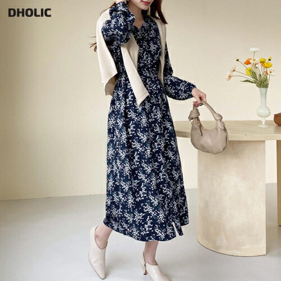 Vネックパターンワンピース・全2色・b66633 レディース 【ops】【ワンピース ロング ロングワンピース 長袖 Vネック 花柄 フラワー ドット柄 フェミニン 秋 冬 韓国 ファッション】【ハイホリHIHOLLI】