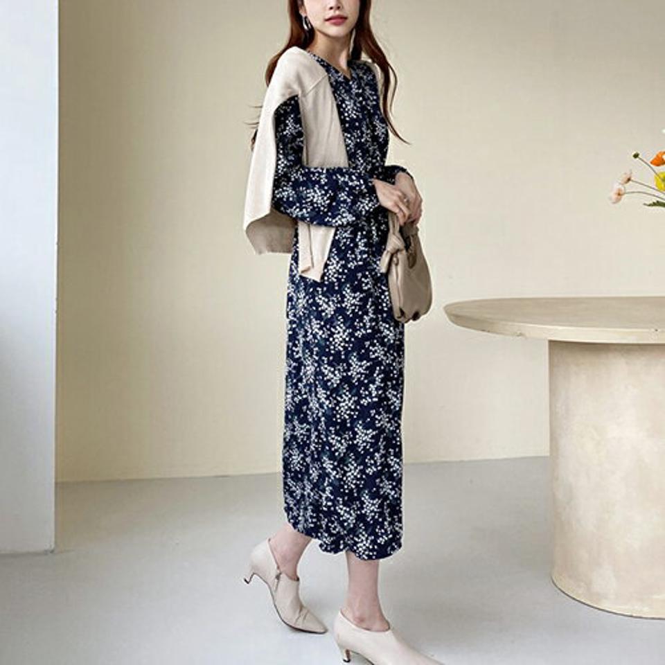 Vネックパターンワンピース・全2色・b66633 レディース 【ops】【ワンピース ロング ロングワンピース 長袖 Vネック 花柄 フラワー ドット柄 フェミニン 秋 冬 韓国 ファッション】【ハイホリHIHOLLI】