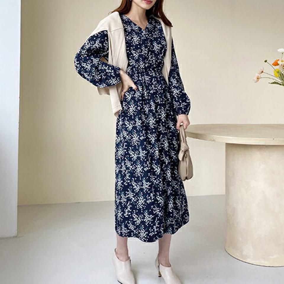 Vネックパターンワンピース・全2色・b66633 レディース 【ops】【ワンピース ロング ロングワンピース 長袖 Vネック 花柄 フラワー ドット柄 フェミニン 秋 冬 韓国 ファッション】【ハイホリHIHOLLI】