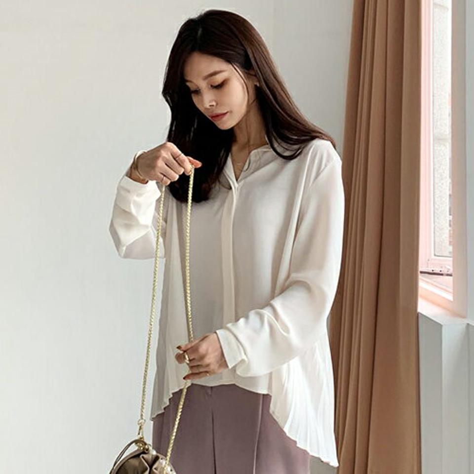 バックプリーツブラウス・全2色・t66629 レディース 【bl】【トップス ブラウス シャツブラウス 体型カバー プリーツ バックプリーツ バックシャン バックコンシャス 長袖 フェミニン きれいめ 可愛い かわいい 秋 冬 韓国 ファッション】【ハイホリHIHOLLI】