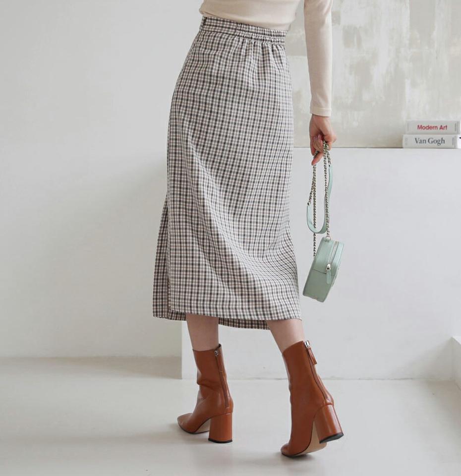 チェックボタンスカート・全3色・t64861 レディース 【sk】【韓国 ファッション ボトムス スカート ロング アンバランス スリット チェック パターン フェイクボタン 上品 細身 カジュアル フェミニン シンプル スリム 体型カーバー カジュアル 秋 冬】