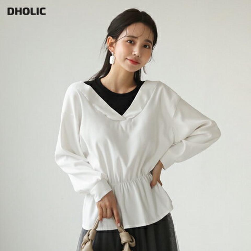 コントラストフレアブラウス・全3色・t62848 レディース 【bl】【韓国 ファッション トップス ブラウス 長袖 フレアブラウス ラウンドネック レイヤード調 メリハリ コントラスト 上品 ベーシック フェミニン カジュアル デイリー 無地 カジュアル 秋 冬】