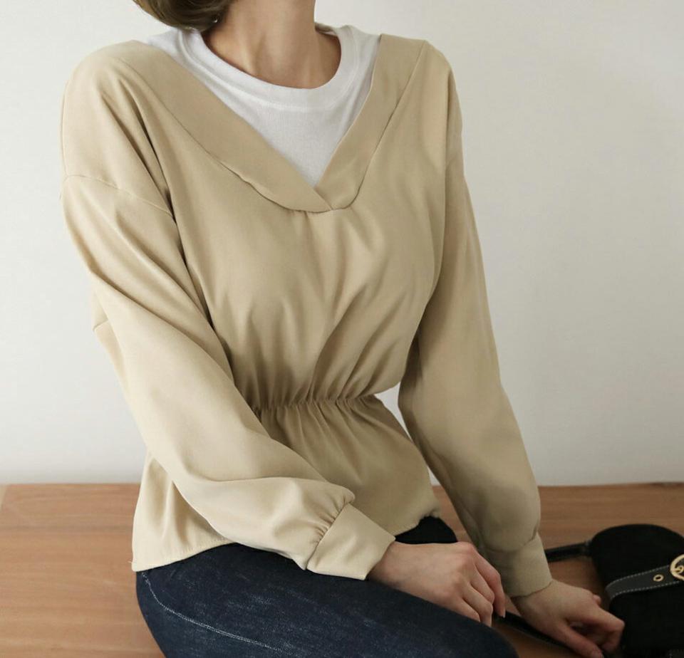 コントラストフレアブラウス・全3色・t62848 レディース 【bl】【韓国 ファッション トップス ブラウス 長袖 フレアブラウス ラウンドネック レイヤード調 メリハリ コントラスト 上品 ベーシック フェミニン カジュアル デイリー 無地 カジュアル 秋 冬】