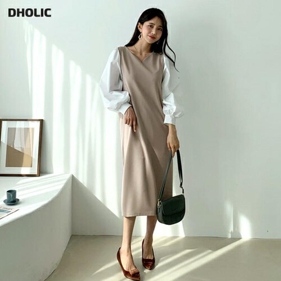 配色Vネックワンピース・全2色・b61520 レディース 【ops】 韓国 ファッション ワンピース ロング ロングワンピース 長袖 コントラスト ルーズ ストレート ミディ丈 Vカット Vネック 異素材 体型カバー フェミニン 上品 ベーシック シンプル 秋 冬