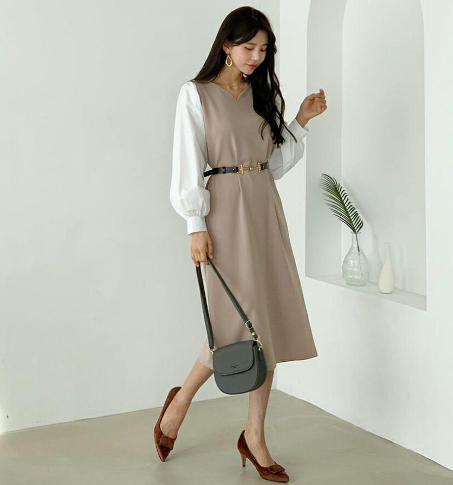 配色Vネックワンピース・全2色・b61520 レディース 【ops】 韓国 ファッション ワンピース ロング ロングワンピース 長袖 コントラスト ルーズ ストレート ミディ丈 Vカット Vネック 異素材 体型カバー フェミニン 上品 ベーシック シンプル 秋 冬