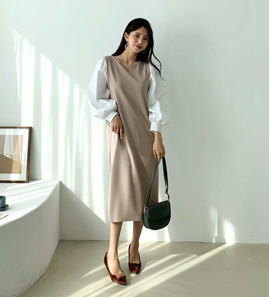 配色Vネックワンピース・全2色・b61520 レディース 【ops】 韓国 ファッション ワンピース ロング ロングワンピース 長袖 コントラスト ルーズ ストレート ミディ丈 Vカット Vネック 異素材 体型カバー フェミニン 上品 ベーシック シンプル 秋 冬