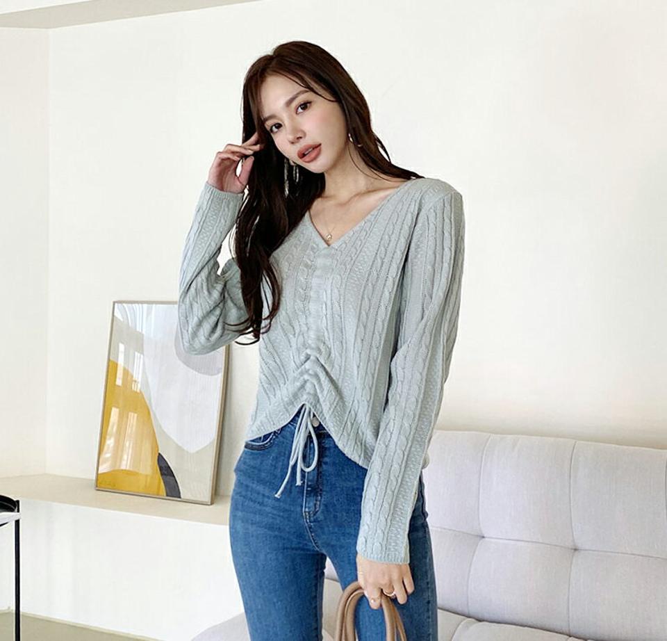ドロストVネックツイストニット・全4色・t66566 レディース 【tops】【トップス ニット ニットトップス 長袖 ツイスト Vネック ドロスト カジュアル ラフ 秋 冬 韓国 ファッション】【ハイホリHIHOLLI】