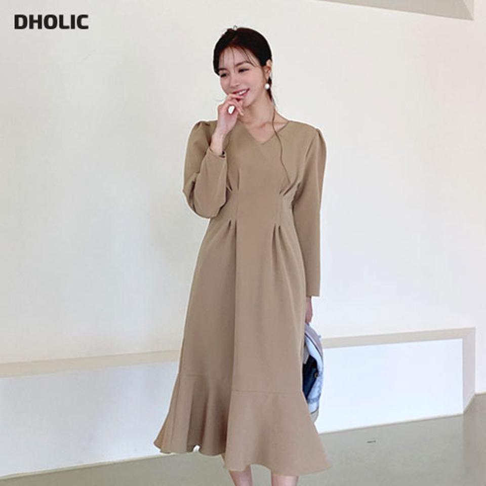 Vネックタックワンピース・全2色・t66609 レディース 【ops】【ワンピース ミディ丈 ミディワンピース 長袖 フレアワンピース フレア Vネック タック 単色 無地 フェミニン 秋 冬 韓国 ファッション】【ハイホリHIHOLLI】