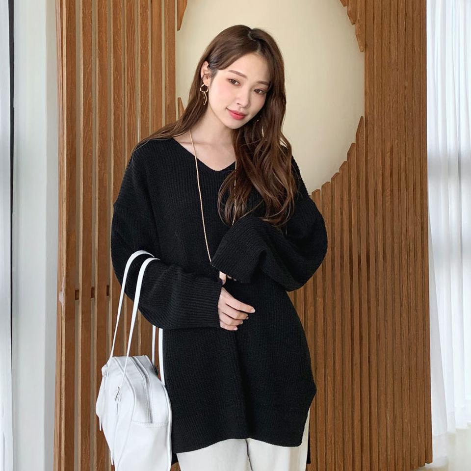 ルーズVネックニット・全5色・t66567 レディース 【tops】【トップス ニット ニットトップス 長袖 Vネック 単色 無地 シンプル ベーシック ルーズ ゆったり カジュアル ラフ 秋 冬 韓国 ファッション】【ハイホリHIHOLLI】