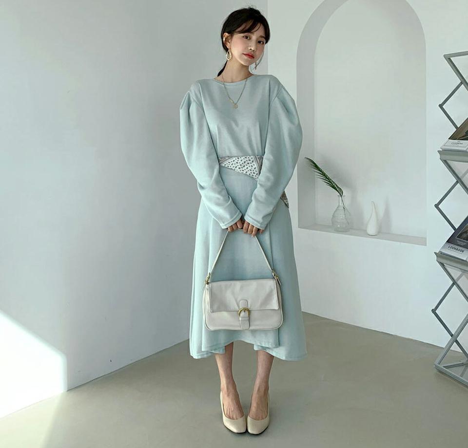 パフスリーブワンピース・全3色・b61521 レディース 【ops】【韓国 ファッション ワンピース ロング ロングワンピース 長袖 ボリューム スリーブ スウェット地 カジュアル フレア 体型カバー フェミニン 上品 ベーシック シンプル カジュアル 秋 冬】