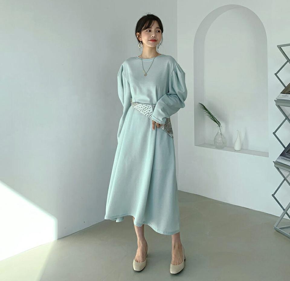 パフスリーブワンピース・全3色・b61521 レディース 【ops】【韓国 ファッション ワンピース ロング ロングワンピース 長袖 ボリューム スリーブ スウェット地 カジュアル フレア 体型カバー フェミニン 上品 ベーシック シンプル カジュアル 秋 冬】