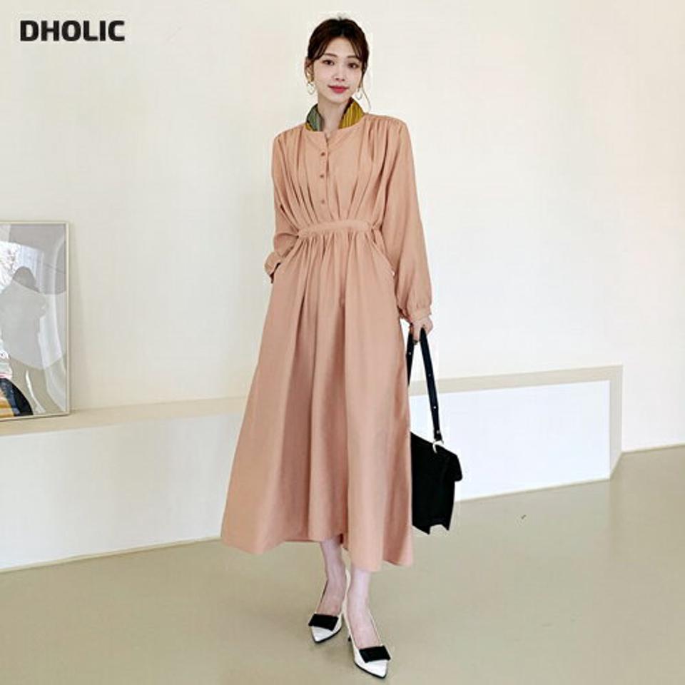 ストラップ付ボタンワンピース・全3色・t66607 レディース 【ops】【ワンピース ロング ロングワンピース 長袖 ストラップ 単色 無地 シンプル 大人 秋 冬 韓国 ファッション】【ハイホリHIHOLLI】