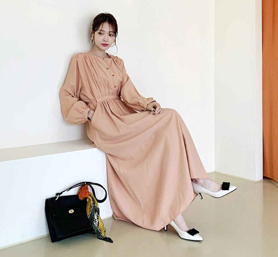 ストラップ付ボタンワンピース・全3色・t66607 レディース 【ops】【ワンピース ロング ロングワンピース 長袖 ストラップ 単色 無地 シンプル 大人 秋 冬 韓国 ファッション】【ハイホリHIHOLLI】