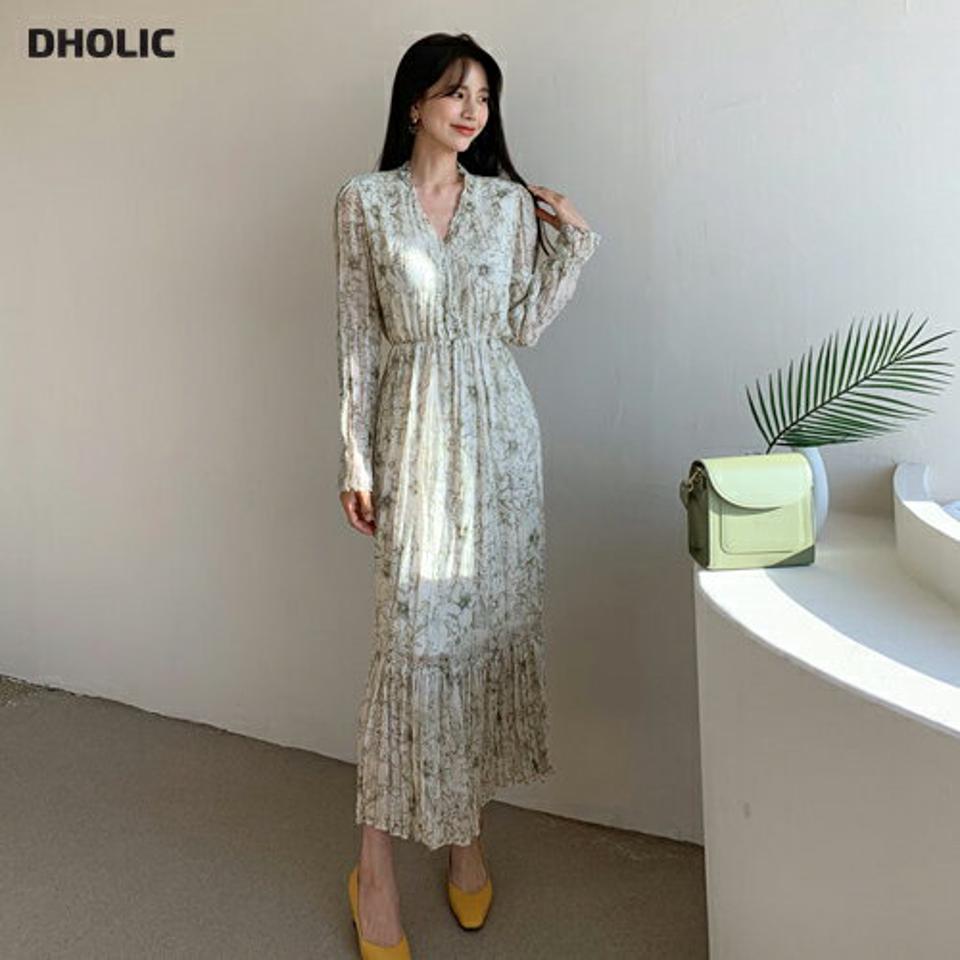 花柄リンクルワンピース・全2色・t61522 レディース 【ops】【韓国 ファッション ワンピース ロング ロングワンピース 長袖 花柄 リンクル デコルテ Vネック 体型カバー フェミニン 上品 ベーシック シンプル カジュアル 秋 冬】【fw】