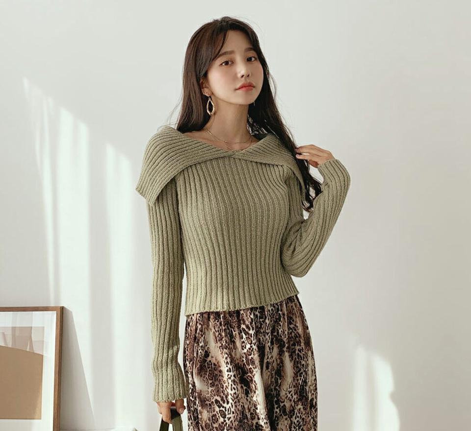 ビッグカラーリブニット・全4色・t61516 レディース 【tops】【韓国 ファッション トップス ニット 長袖 ぼわん袖 ビッグカラー デコルテ リブニット フィット 体型カーバー デイリー ベーシック カジュアル シンプル カジュアル 秋 冬】
