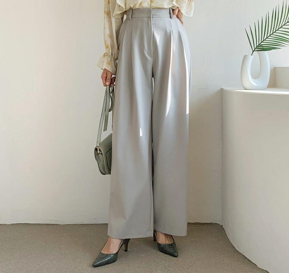 ツータックワイドスラックス・全3色・t61536 レディース 【pt】【韓国 ファッション ボトムス パンツ スラックス ロング ワイド ワイドスラックス ウエストゴム ツータック 細身 10分丈 十分丈 ストレート カジュアル 無地 カジュアル 秋 冬】