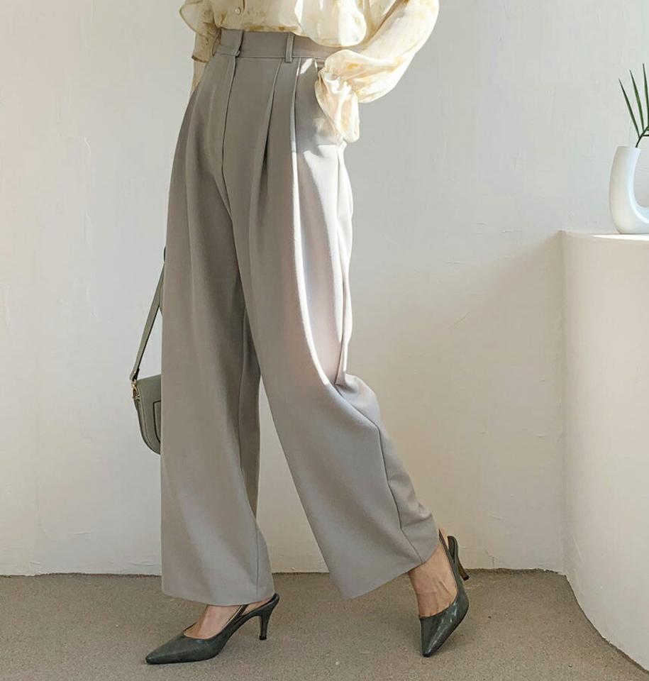 ツータックワイドスラックス・全3色・t61536 レディース 【pt】【韓国 ファッション ボトムス パンツ スラックス ロング ワイド ワイドスラックス ウエストゴム ツータック 細身 10分丈 十分丈 ストレート カジュアル 無地 カジュアル 秋 冬】