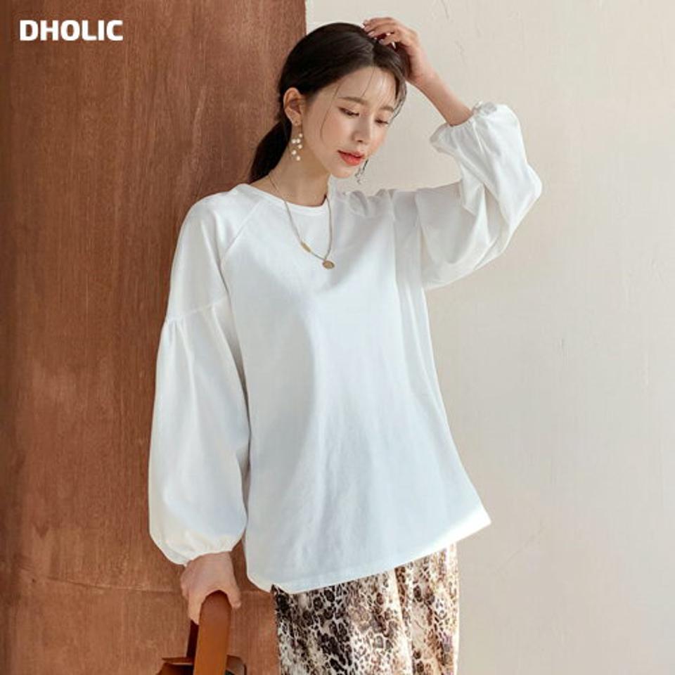 ラグランパフスリーブTシャツ・全4色・b61511 レディース 【tops】【韓国 ファッション トップス Tシャツ カットソー 長袖 ラウンドネック ボリューム袖 ラグランスリーブ 体型カーバー フェミニン シンプル デイリー ベーシック カジュアル 秋 冬】