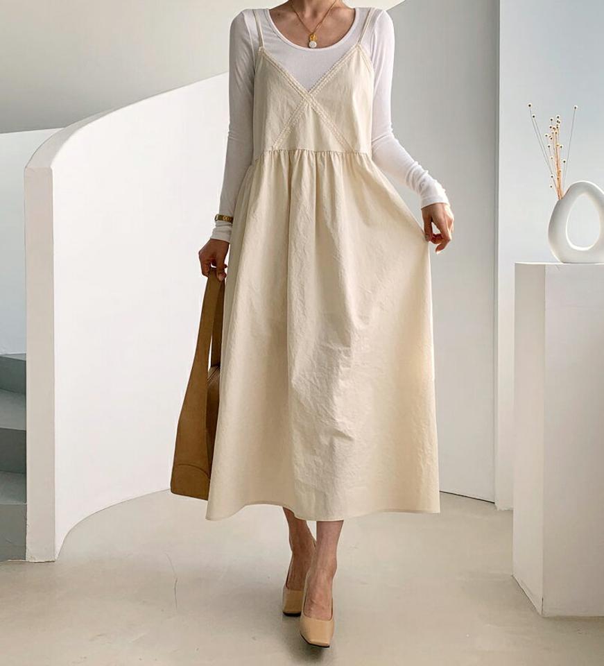 レースネックキャミワンピース・全3色・t61523 レディース 【ops】韓国ファッション ワンピース ロングワンピース Vネック レース レイヤード スリーブレス キャミソール キャミ ギャザー 体型カバー フェミニン 上品 ベーシック シンプル 秋 冬