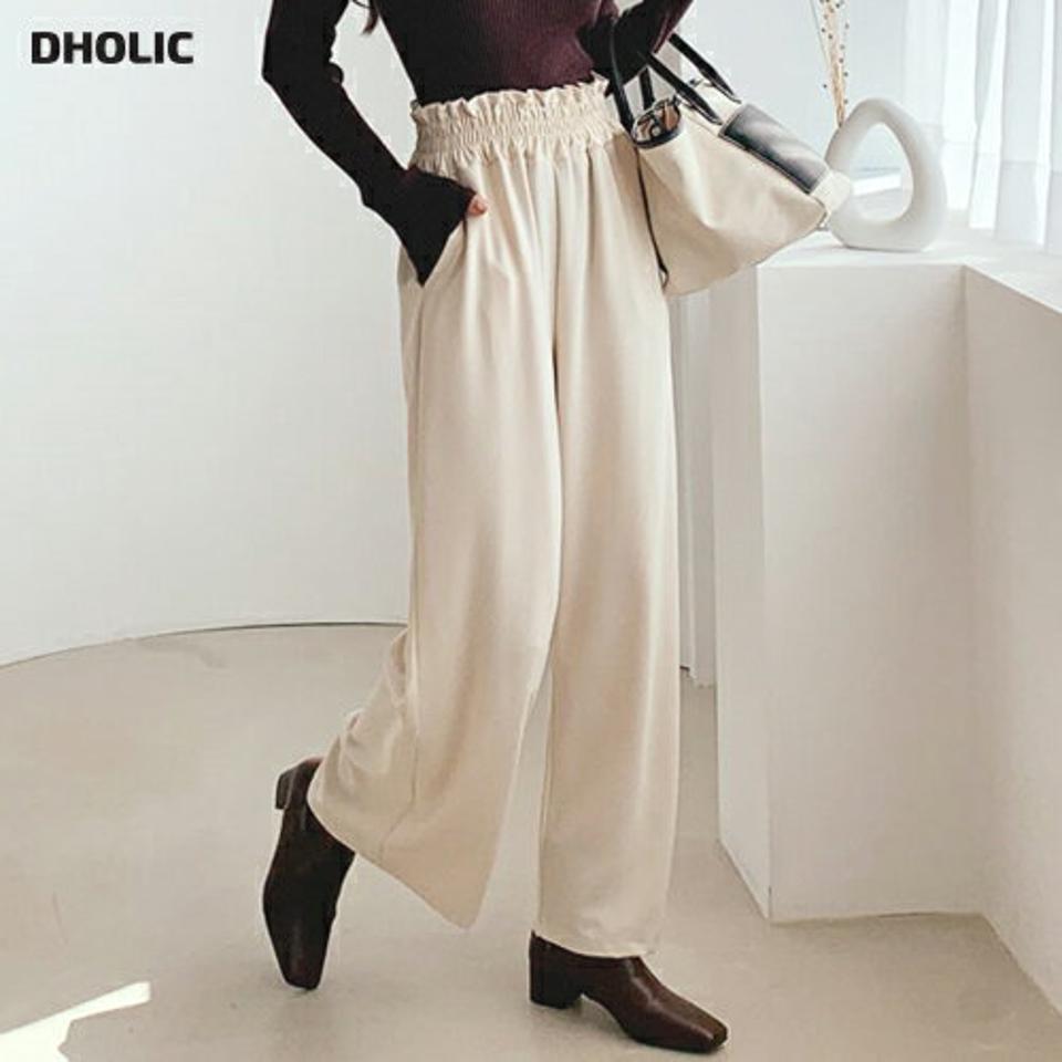 フリルウエストゴムパンツ・全3色・t61535 レディース 【pt】【韓国 ファッション ボトムス パンツ ロング ワイド ワイドパンツ ウエストゴム フリル スリム フィット 細身 10分丈 十分丈 ストレート カジュアル 無地 カジュアル 秋 冬】