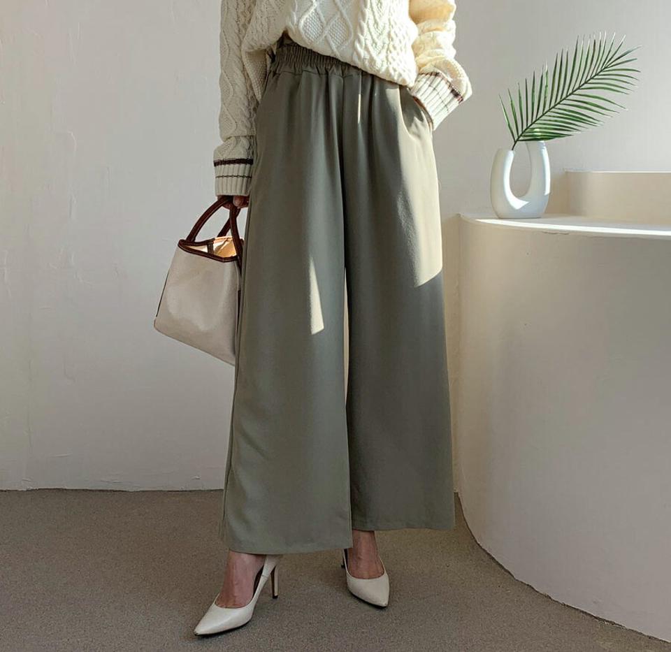 フリルウエストゴムパンツ・全3色・t61535 レディース 【pt】【韓国 ファッション ボトムス パンツ ロング ワイド ワイドパンツ ウエストゴム フリル スリム フィット 細身 10分丈 十分丈 ストレート カジュアル 無地 カジュアル 秋 冬】