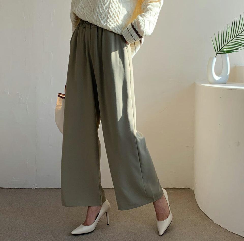 フリルウエストゴムパンツ・全3色・t61535 レディース 【pt】【韓国 ファッション ボトムス パンツ ロング ワイド ワイドパンツ ウエストゴム フリル スリム フィット 細身 10分丈 十分丈 ストレート カジュアル 無地 カジュアル 秋 冬】