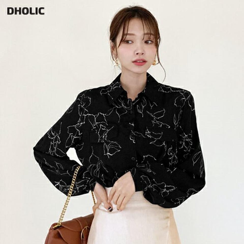 ドローイングカラーブラウス・全3色・t66601 レディース 【bl】【トップス ブラウス 長袖 ドローイング 総柄 モダン シック 秋 冬 韓国 ファッション】【ハイホリHIHOLLI】