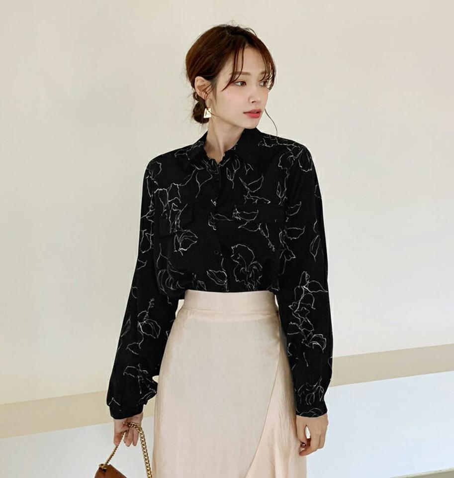 ドローイングカラーブラウス・全3色・t66601 レディース 【bl】【トップス ブラウス 長袖 ドローイング 総柄 モダン シック 秋 冬 韓国 ファッション】【ハイホリHIHOLLI】