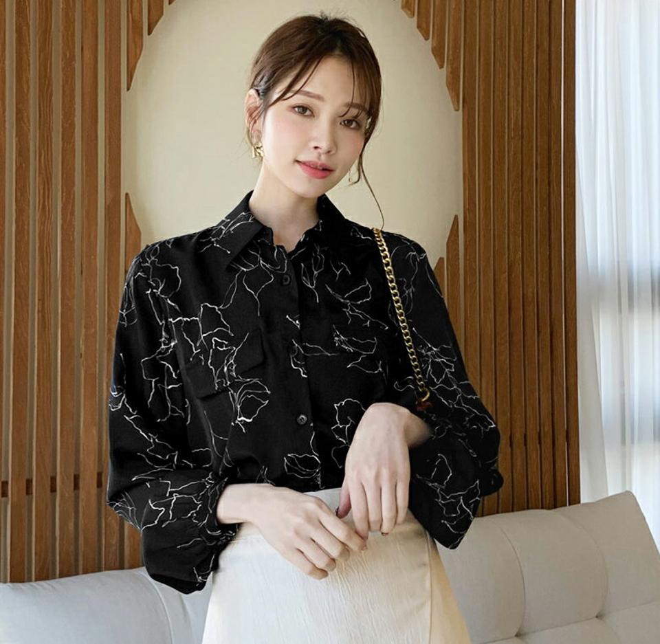 ドローイングカラーブラウス・全3色・t66601 レディース 【bl】【トップス ブラウス 長袖 ドローイング 総柄 モダン シック 秋 冬 韓国 ファッション】【ハイホリHIHOLLI】