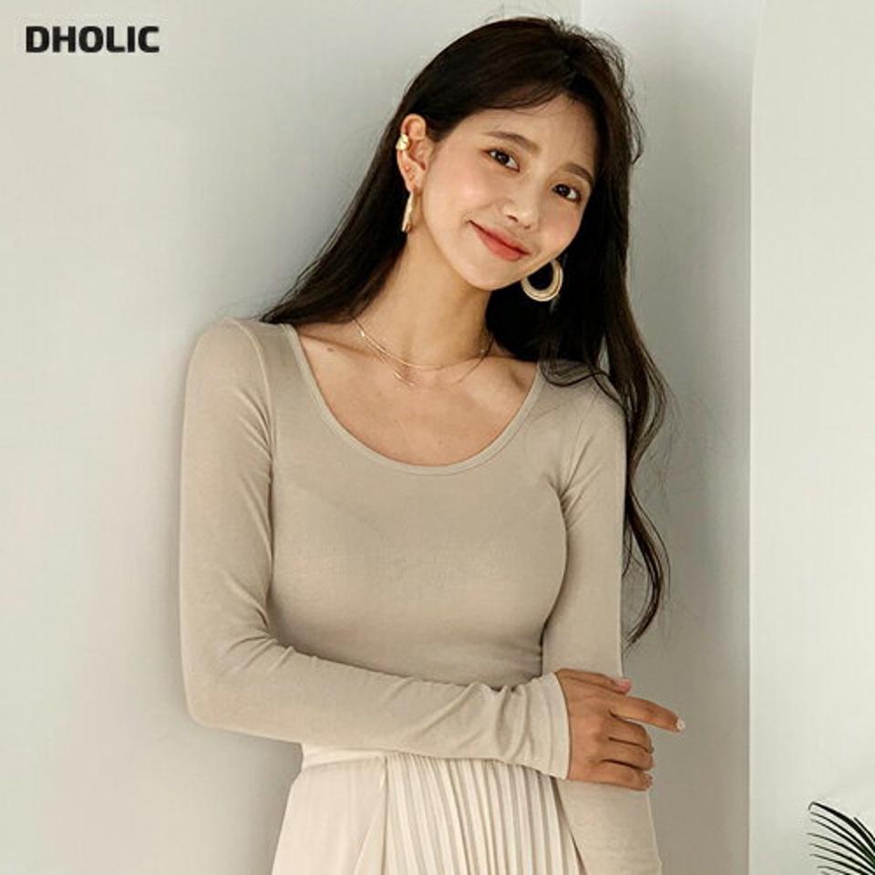 スリムUネックTシャツ・全4色・t61512 レディース 【tops】【韓国 ファッション トップス Tシャツ カットソー 長袖 Uネック 上品 リブ フィット スリム アンバランス丈 ラウンドカット 体型カーバー フェミニン シンプル デイリー ベーシック 秋 冬】