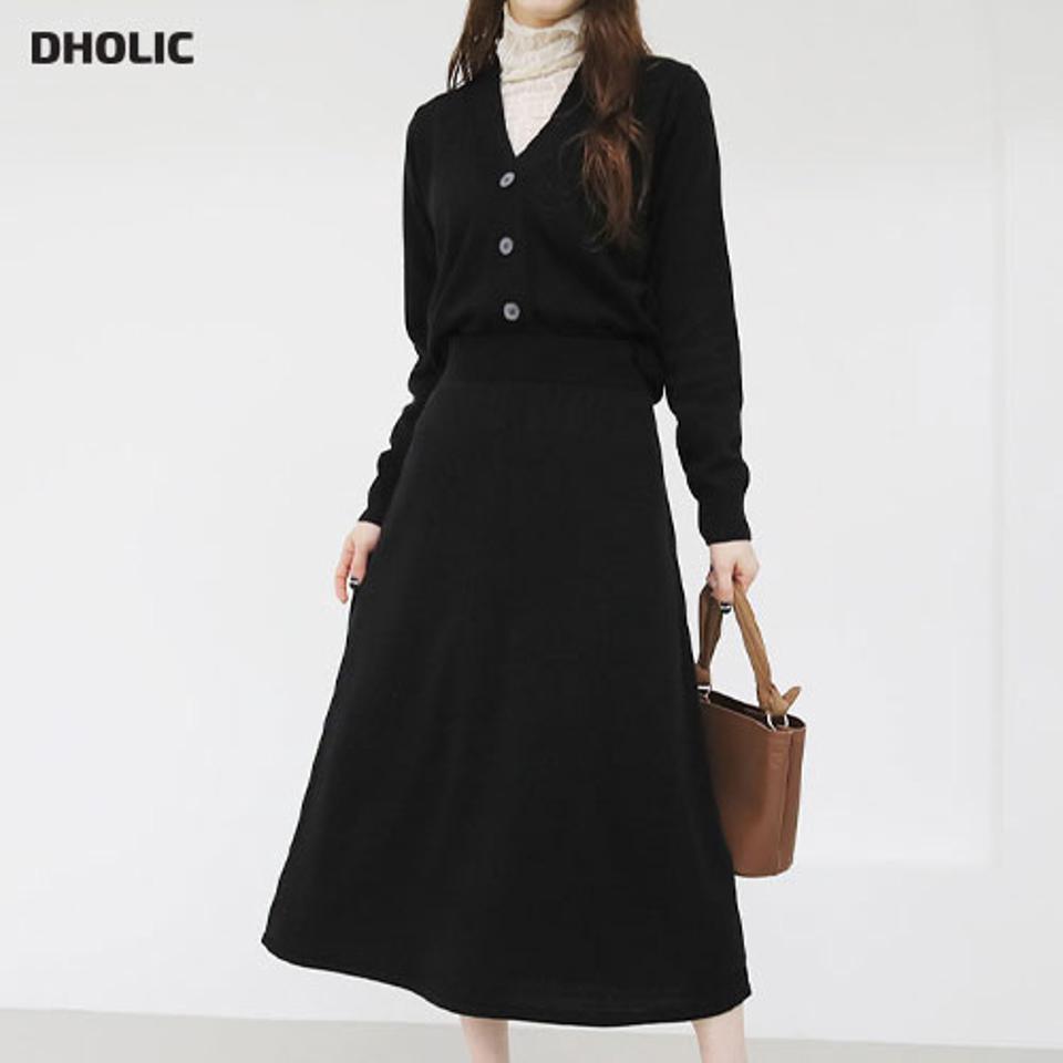 ボタンニットカーディガン&フレアスカートSET・全3色・b66577 レディース 【ops】【カーディガン 長袖 トップス スカート ロングスカート ロング ニット ニットアップ setup セットアップ 秋 冬 韓国 ファッション】【ハイホリHIHOLLI】