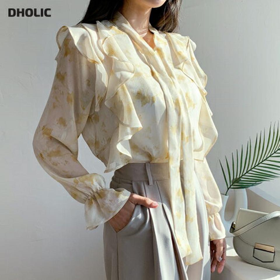 【只今10%OFF】花柄フリルリボンブラウス・全2色・t61519 レディース 【bl】【韓国 ファッション トップス ブラウス 長袖 花柄 フラワー フリル シフォン シースルー 上品 ベーシック フェミニン カジュアル デイリー カジュアル 秋 冬】