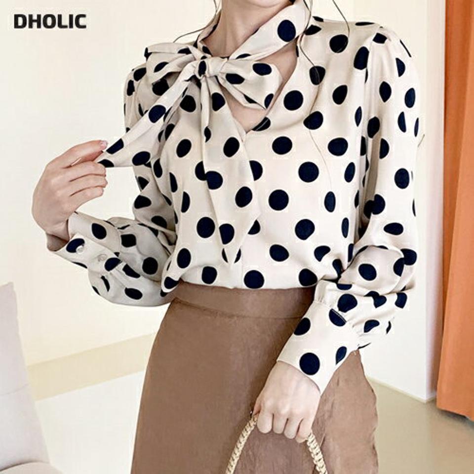 コインドットリボンブラウス・全2色・b66602 レディース 【bl】【トップス ブラウス 長袖 リボン りぼん ドット柄 可愛い かわいい ガーリー モノトーン ネックリボン 秋 冬 韓国 ファッション】【ハイホリHIHOLLI】