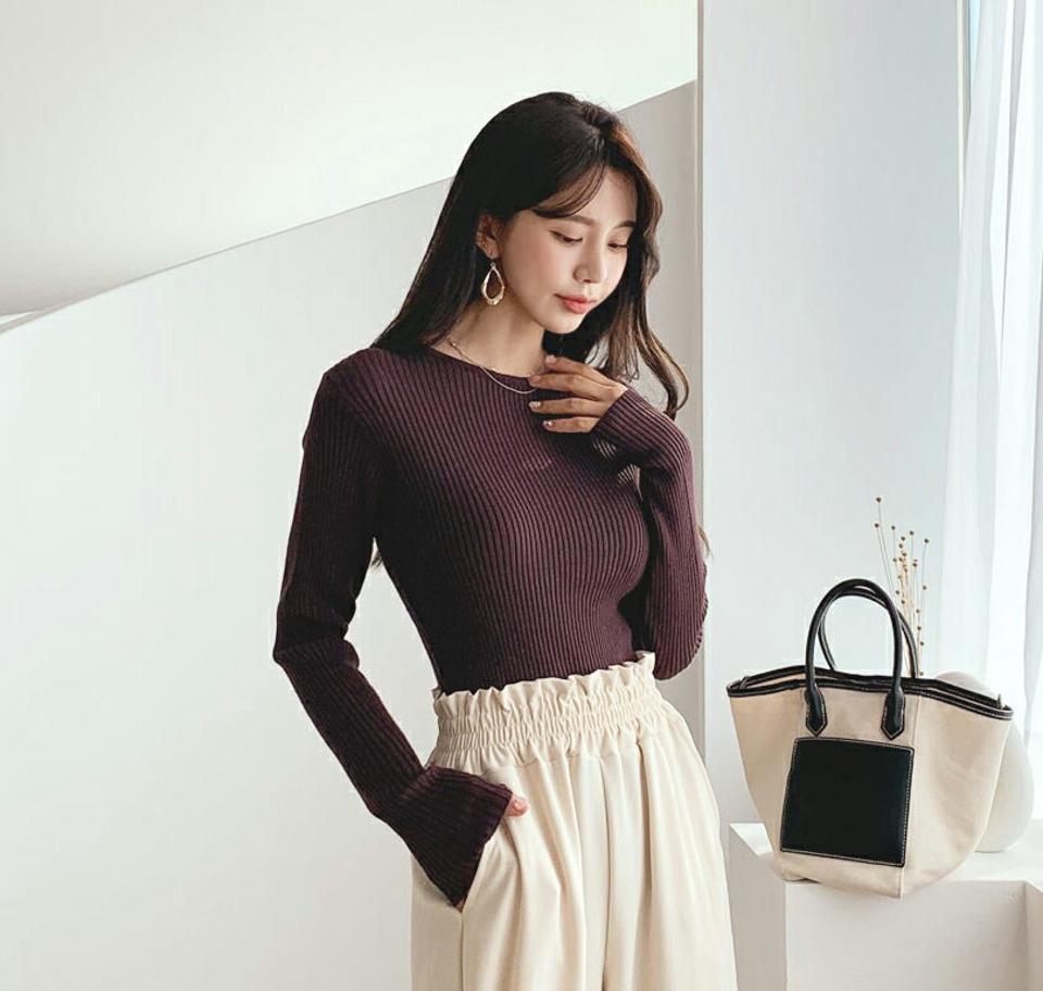 スリムリブニット・全5色・t61514 レディース 【tops】【韓国 ファッション トップス ニット 長袖 ぼわん袖 ラウンドネック リブ スリム フィット 細身 体型カーバー デイリー ベーシック カジュアル シンプル カジュアル 秋 冬】