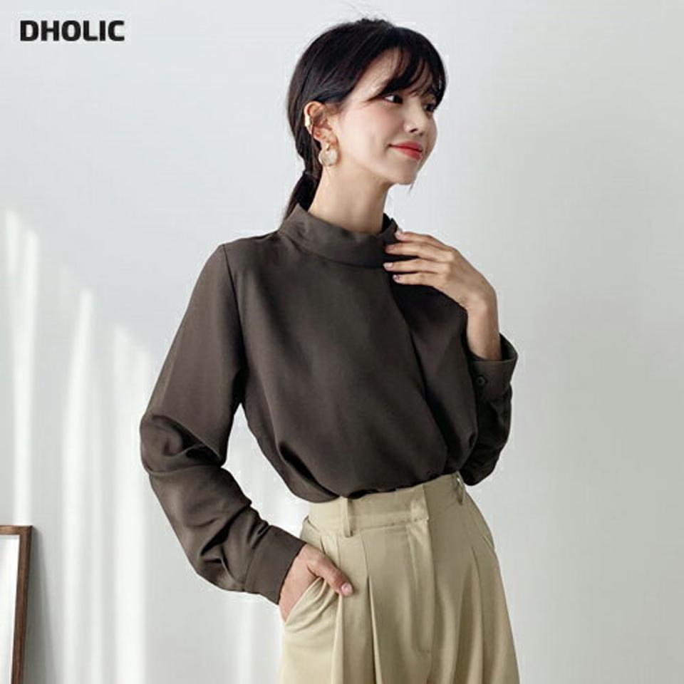 パールボタンブラウス・全3色・t61517 レディース 【bl】【韓国 ファッション トップス ブラウス 長袖 ハーフネック パールボタン 高級感　無地 上品 ベーシック フェミニン カジュアル デイリー カジュアル 秋 冬】