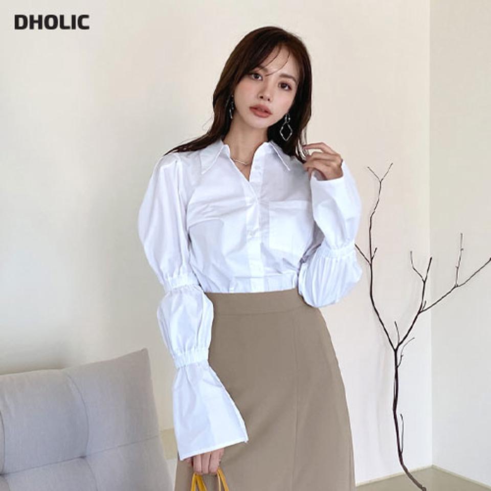 パフスリーブシャツ・全2色・b66604 レディース 【bl】【トップス シャツ 長袖 単色 無地 シンプル パフスリーブ パフ袖 フェミニン 可愛い かわいい 秋 冬 韓国 ファッション】【ハイホリHIHOLLI】