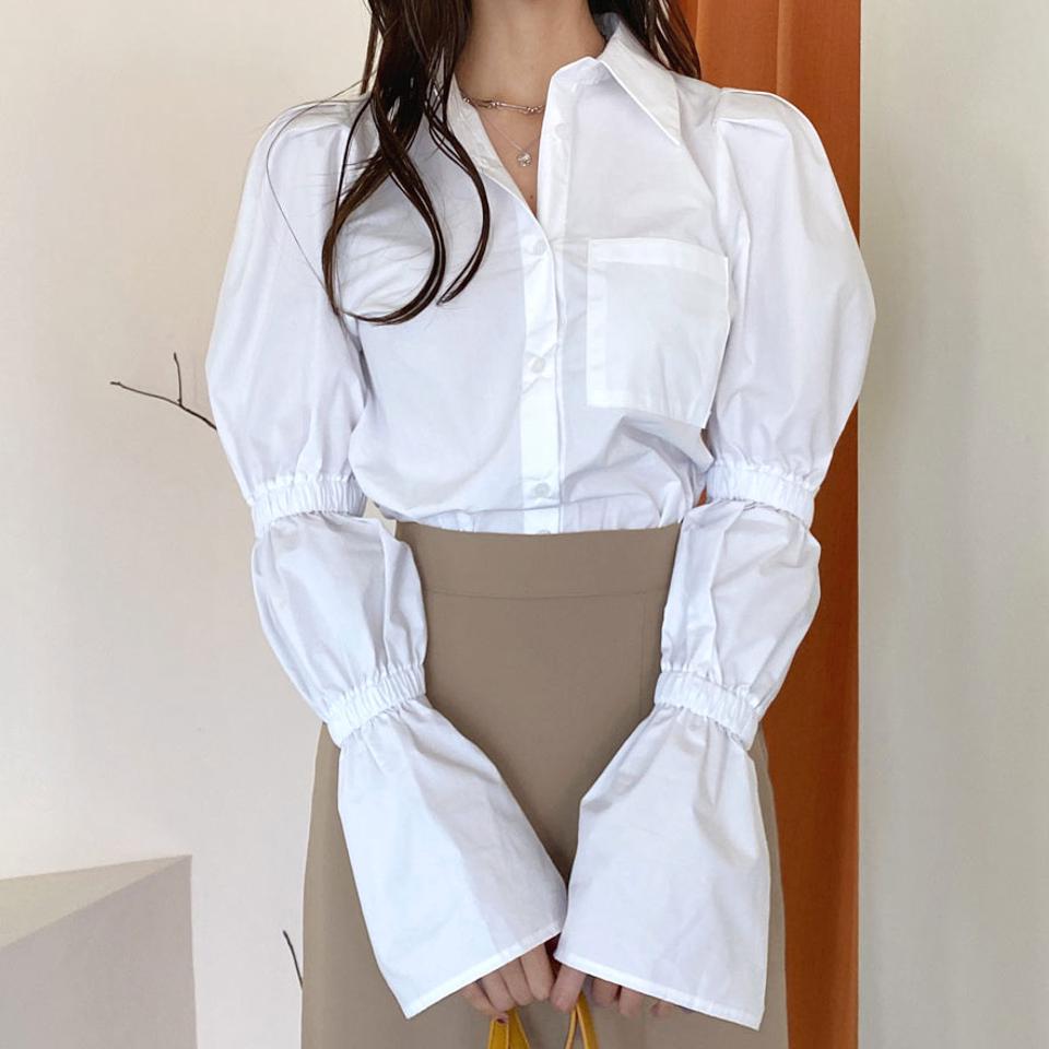 パフスリーブシャツ・全2色・b66604 レディース 【bl】【トップス シャツ 長袖 単色 無地 シンプル パフスリーブ パフ袖 フェミニン 可愛い かわいい 秋 冬 韓国 ファッション】【ハイホリHIHOLLI】