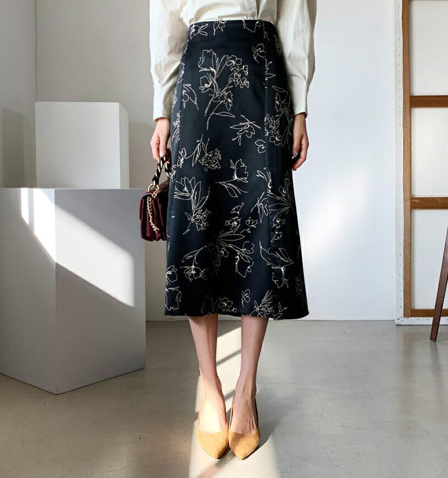 ドローイングフローラルスカート・全2色・t62630 レディース 【sk】【韓国 ファッション ボトムス スカート ロング フレア パターン ドローイング フローラル バックゴム サイドジップ 上品 細身 カジュアル フェミニン シンプル 体型カーバー カジュアル 秋 冬】