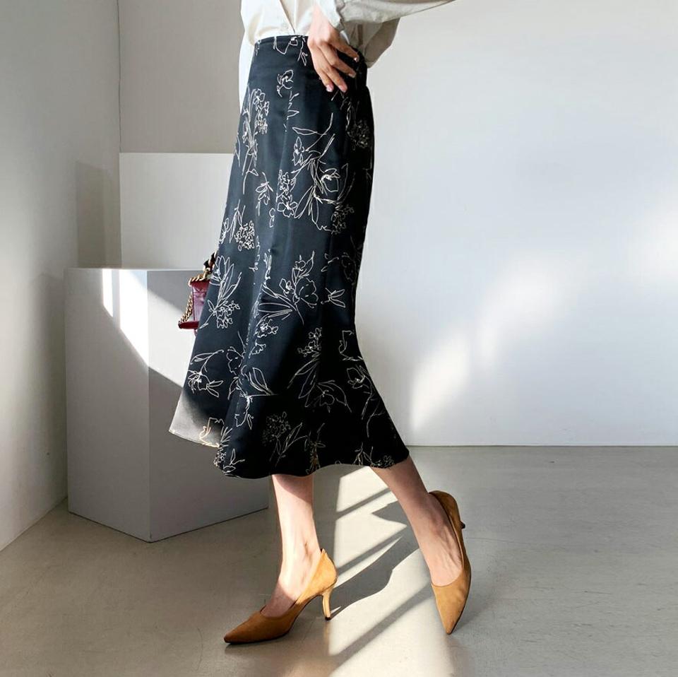 ドローイングフローラルスカート・全2色・t62630 レディース 【sk】【韓国 ファッション ボトムス スカート ロング フレア パターン ドローイング フローラル バックゴム サイドジップ 上品 細身 カジュアル フェミニン シンプル 体型カーバー カジュアル 秋 冬】