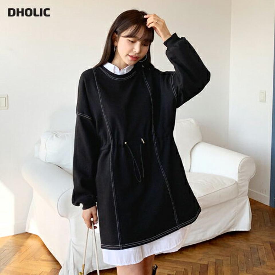 ステッチドロストワンピース・全3色・t62604 レディース 【ops】【韓国 ファッション ワンピース ショート ショートワンピース 長袖 ラウンドネック スウェット ルーズ ウエストストリング ステッチ ミニ フェミニン 上品 シンプル カジュアル 秋 冬】