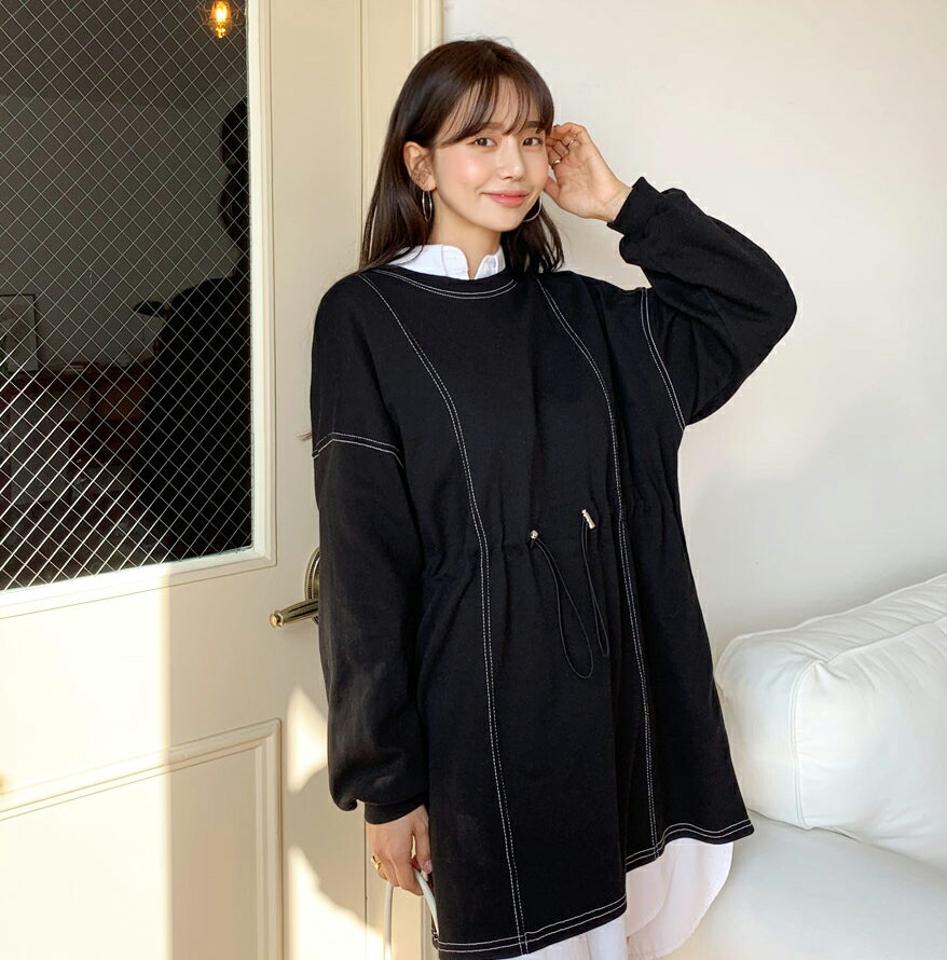 ステッチドロストワンピース・全3色・t62604 レディース 【ops】【韓国 ファッション ワンピース ショート ショートワンピース 長袖 ラウンドネック スウェット ルーズ ウエストストリング ステッチ ミニ フェミニン 上品 シンプル カジュアル 秋 冬】