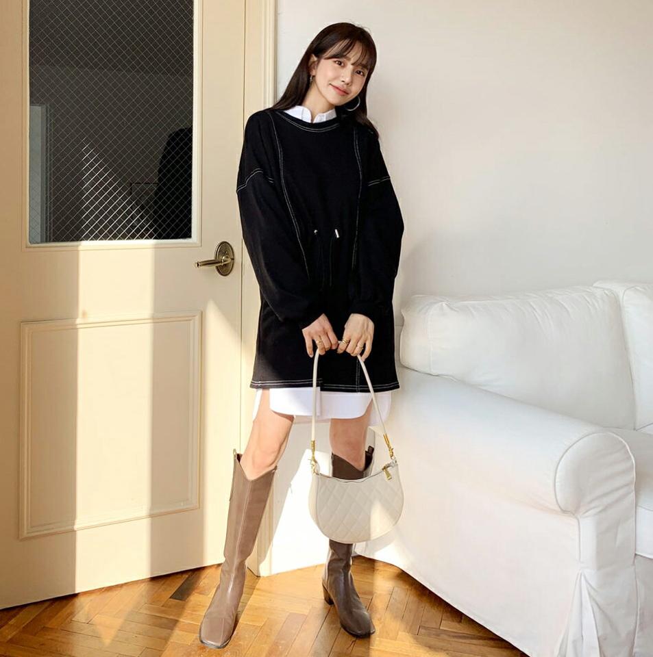 ステッチドロストワンピース・全3色・t62604 レディース 【ops】【韓国 ファッション ワンピース ショート ショートワンピース 長袖 ラウンドネック スウェット ルーズ ウエストストリング ステッチ ミニ フェミニン 上品 シンプル カジュアル 秋 冬】